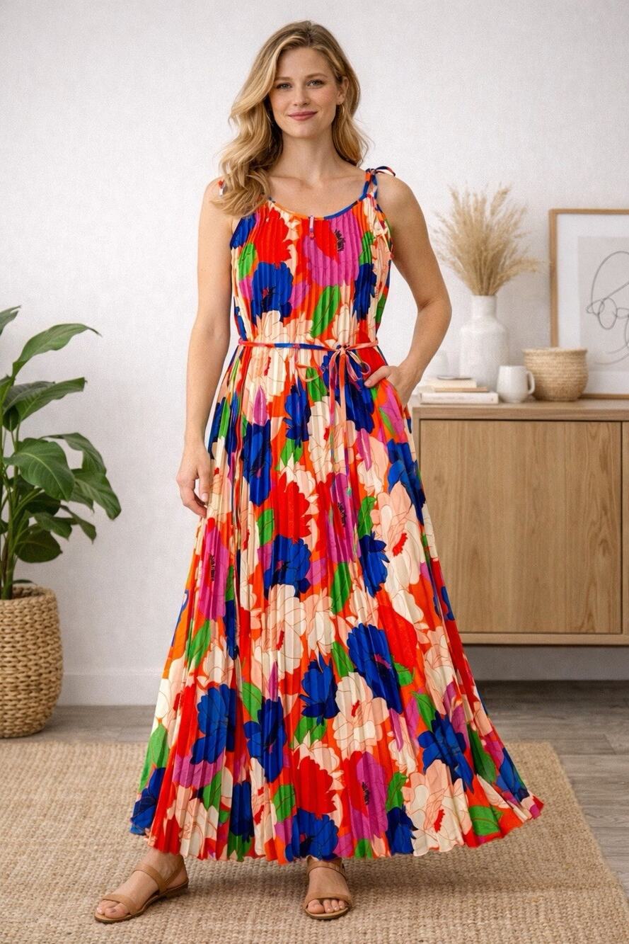 Sam Edelman Midi Dress Retro Floral Plisse Bright Colorful Resort Cruise Size XL